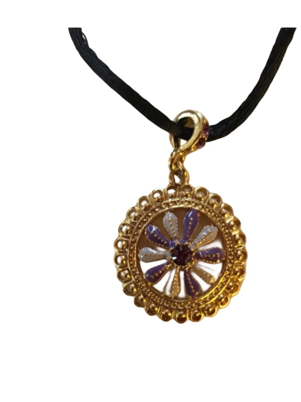 1928 Jewelry Gold Tone Floral Round Pendant Necklace Purple Enamel Vintage Style